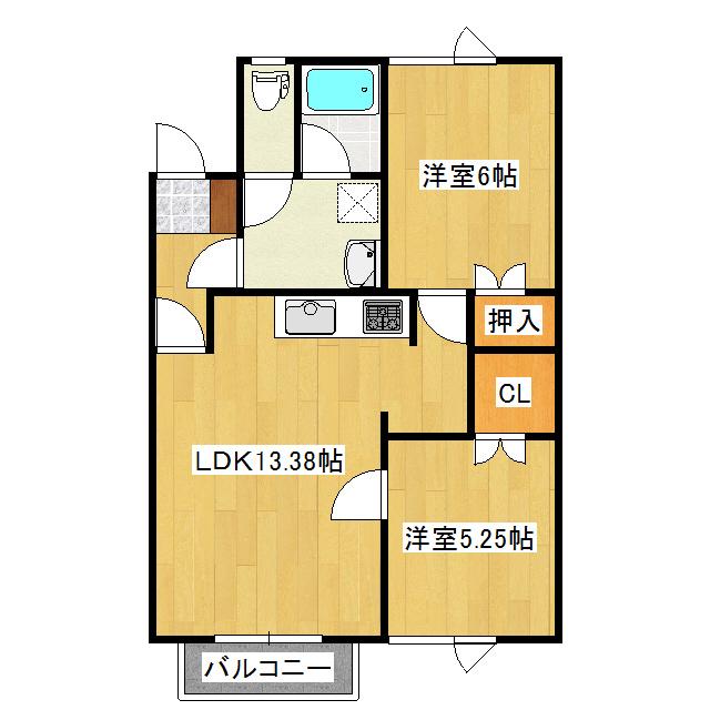 ハーモニー三輪(2LDK/2階)の間取り写真