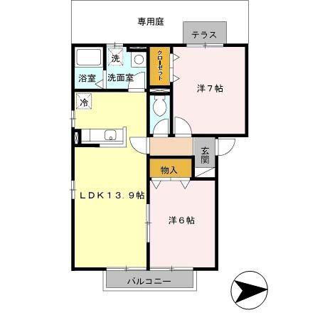 アンシャンテ葛城B(2LDK/1階)の間取り写真