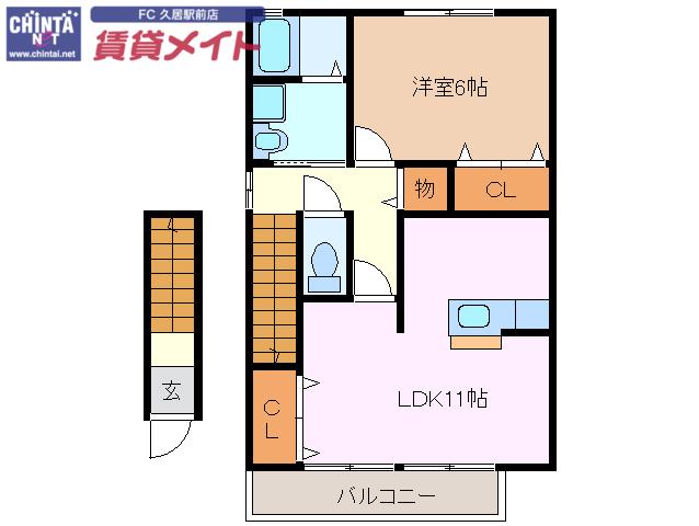 ヴェルデュールB棟(1LDK/2階)の間取り写真