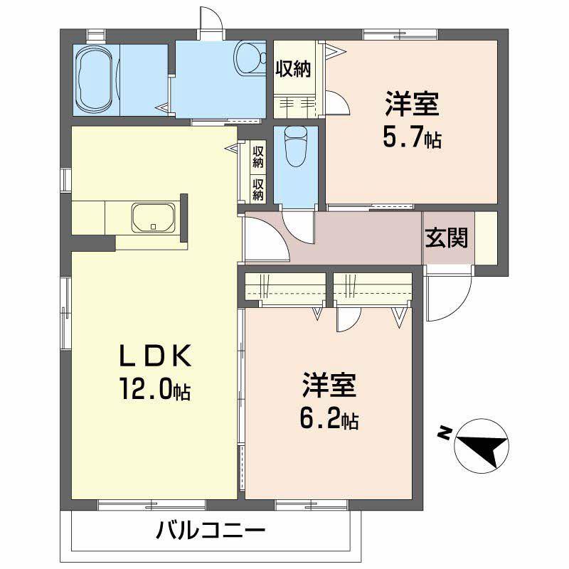 コンフォート B棟(2LDK/2階)の間取り写真