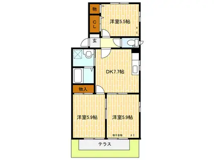 クレール・ヴィラA(3DK/1階)の間取り写真