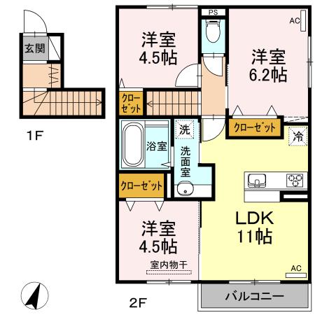 ディアコートやまが(3LDK/2階)の間取り写真
