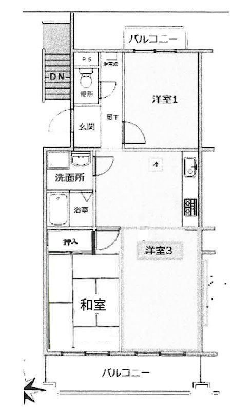 カーサ北野(3DK/4階)の間取り写真