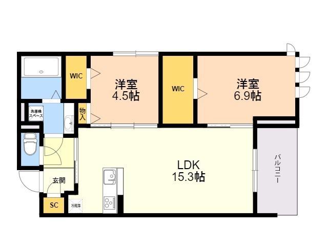セゾン姪浜駅北(2LDK/3階)の間取り写真