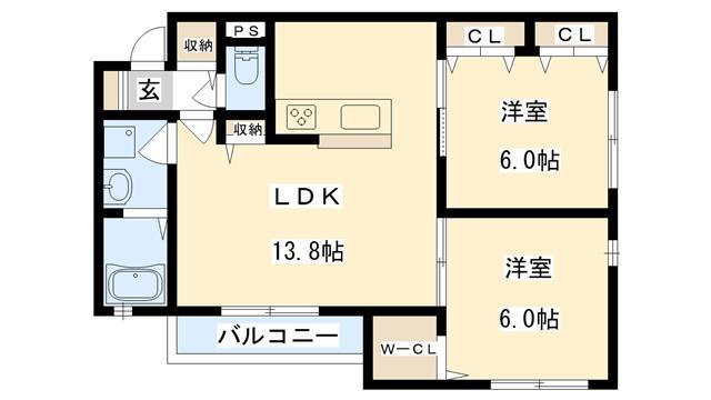 ディアコートゆづる葉(1SLDK/2階)の間取り写真