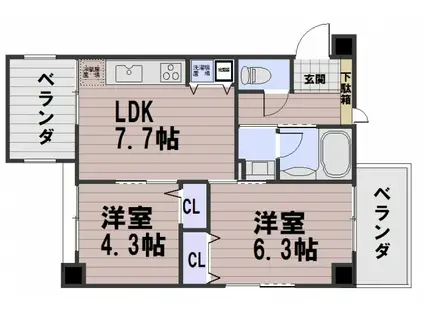 ラティス東野(2LDK/4階)の間取り写真