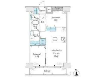 プレイズシード浄心(2LDK/14階)の間取り写真