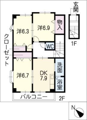 グランシャリオFUJI A(3DK/2階)の間取り写真
