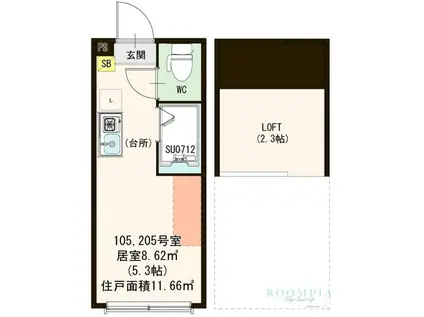 ハーモニーテラス東陽V(ワンルーム/2階)の間取り写真