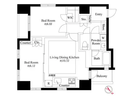グランスイート銀座レスティモナーク(2LDK/4階)の間取り写真