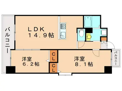 グランドツイン黒崎(2LDK/8階)の間取り写真