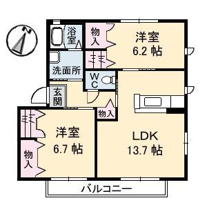 クレール六反 I棟(2LDK/2階)の間取り写真