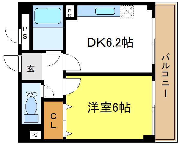 地下鉄谷町線 出戸駅 徒歩2分 6階建 築33年(1DK/2階)の間取り写真
