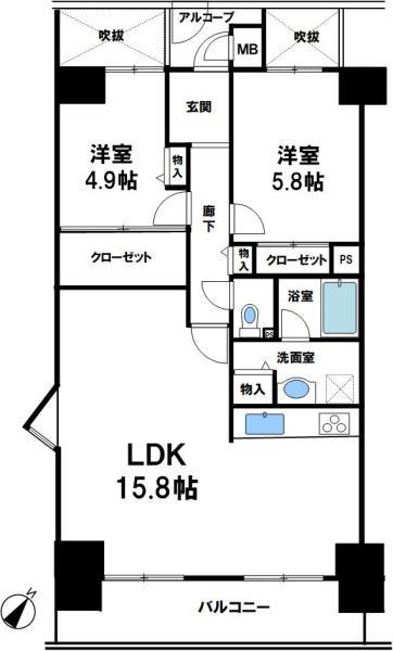 エスペランス幸陽台(2LDK/10階)の間取り写真