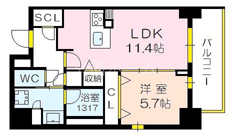 レフィシアコート江戸堀(1LDK/7階)の間取り写真