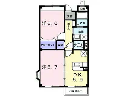 プラティーノミヤシロ(2DK/2階)の間取り写真