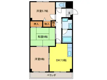 セントラルハイツ野瀬 ウエスト(3DK/8階)の間取り写真