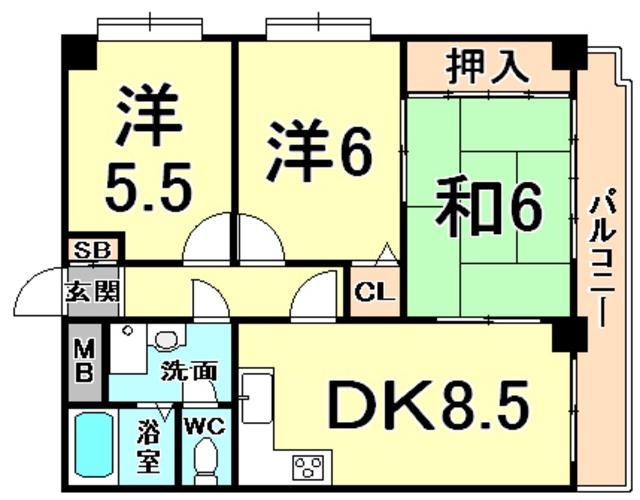 エクセレント甲子園11番館(3DK/3階)の間取り写真
