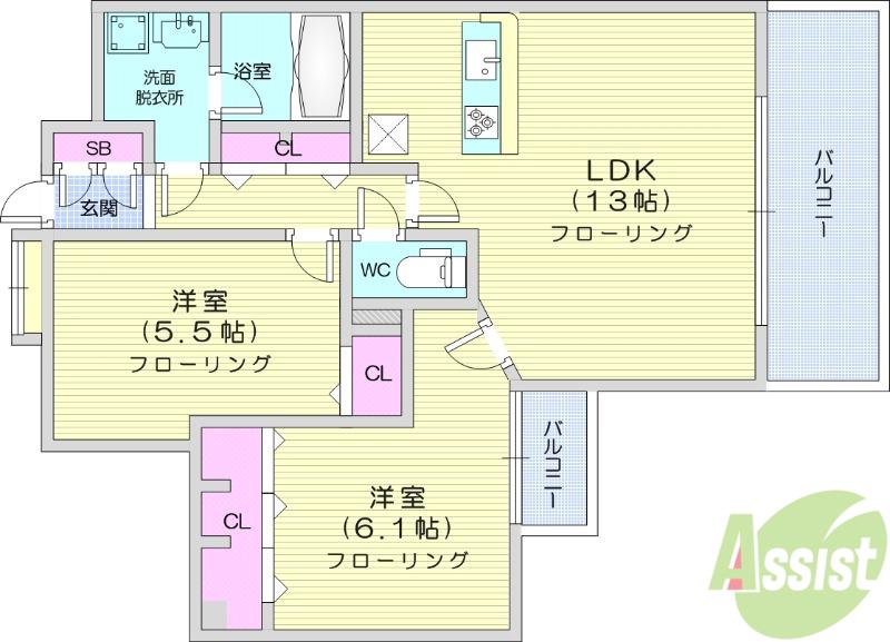 エレット長町(2LDK/13階)の間取り写真