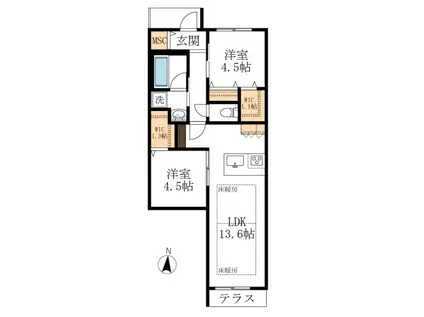 ヘリテージ国立(2LDK/1階)の間取り写真