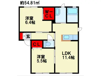 サン・ヴィレッジB棟(2LDK/1階)の間取り写真