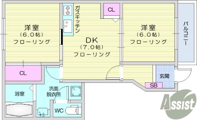 ベルウッドB(2DK/1階)の間取り写真