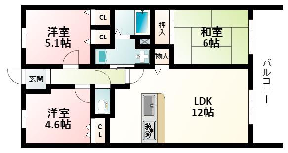 ソシエ北大阪1号棟(3LDK/2階)の間取り写真