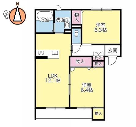 ベレオ西新浜 A棟(2LDK/1階)の間取り写真