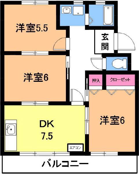 六軒屋農住団地コーポ美園(3DK/2階)の間取り写真