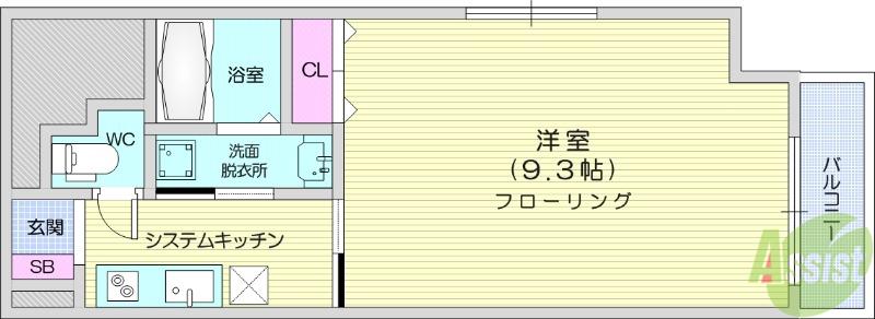 長町1丁目マンション(1K/9階)の間取り写真