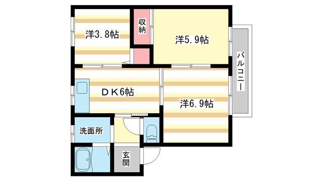 ディアコートA棟(3DK/2階)の間取り写真
