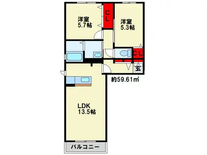 エスポワールKMIIB棟 (2LDK/1階)の間取り写真