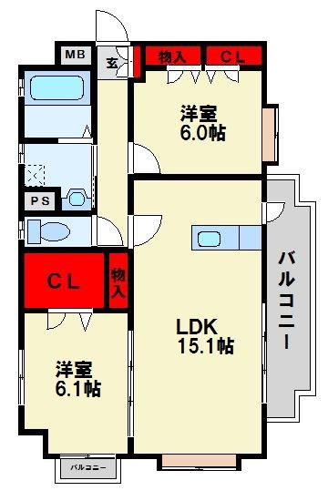 ディアコート鷹の巣(2LDK/3階)の間取り写真