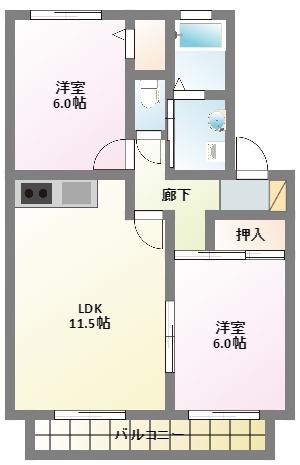 シャトージュネスA(2LDK/2階)の間取り写真