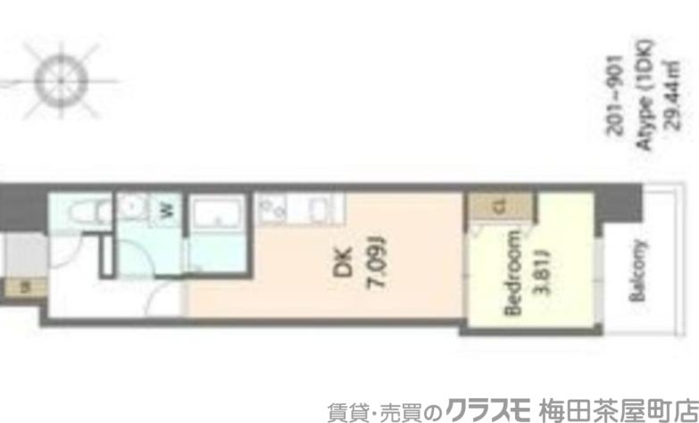 ALIVIS新町(1DK/9階)の間取り写真