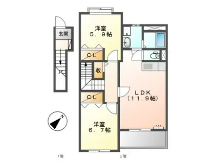 ヴィラサンライトI(2LDK/2階)の間取り写真