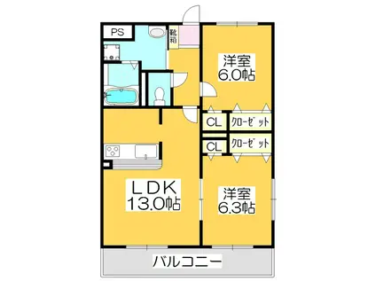 グランビュー(2LDK/2階)の間取り写真