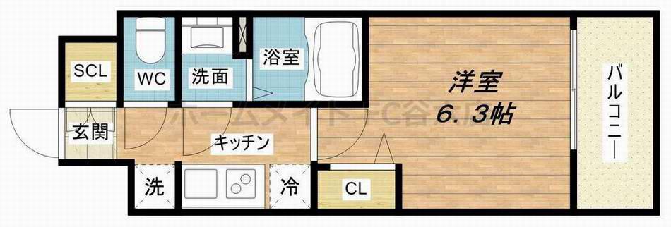 プレサンス上町台筆ケ崎ノース(1K/2階)の間取り写真