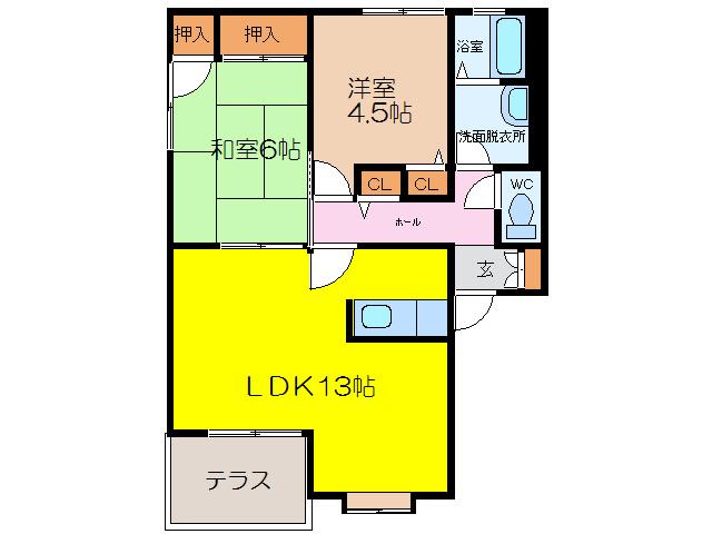 ル・フェール多布施E(2LDK/1階)の間取り写真