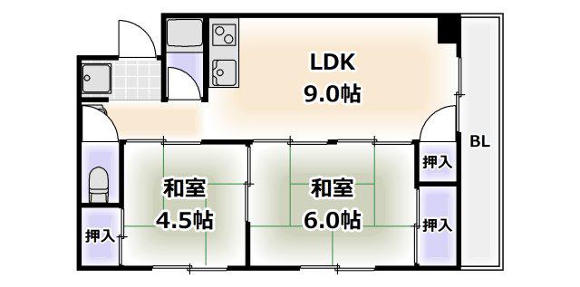 文の里 コーポ(2LDK/4階)の間取り写真