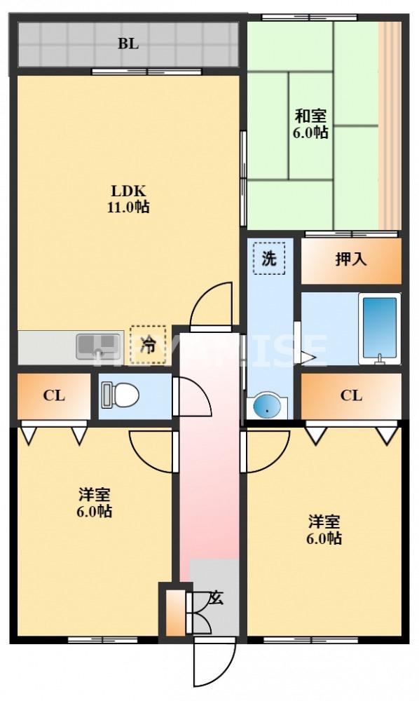 カルディア中島(3LDK/3階)の間取り写真
