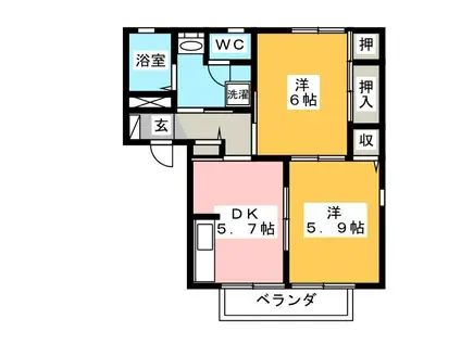 ルミエールひがの A棟(2K/1階)の間取り写真