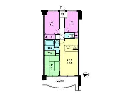 ロータリーマンション西大津ラクスヒルズ(3LDK/6階)の間取り写真