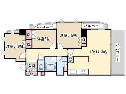 アーバネックス三宮磯辺通(3LDK/3階)の間取り写真