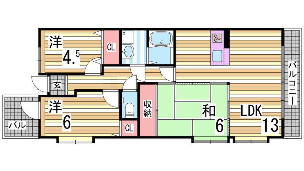 プラザハイツ二ツ屋 B棟(3LDK/1階)の間取り写真