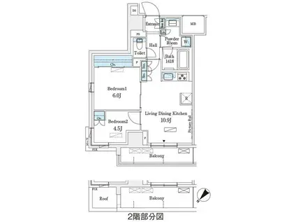パークアクシス横浜伊勢佐木町通(2LDK/2階)の間取り写真