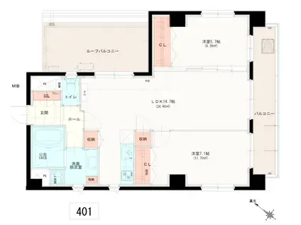 クレドボヌール(2LDK/4階)の間取り写真