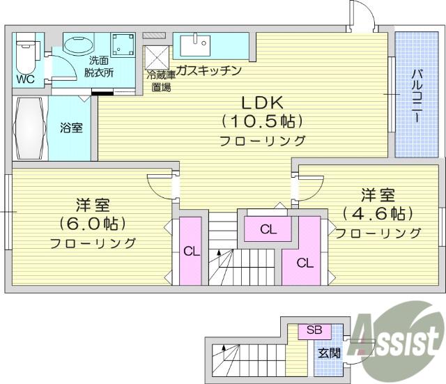 マーベラスC棟(2LDK/2階)の間取り写真