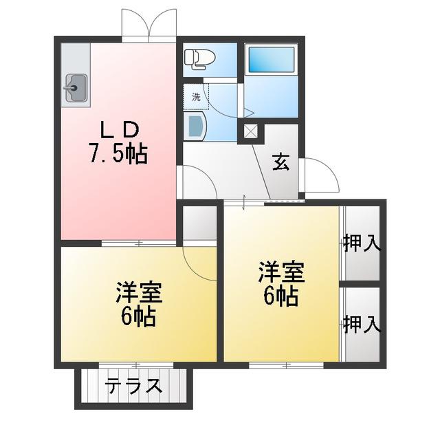 サンヒルズ88 B棟(2DK/1階)の間取り写真