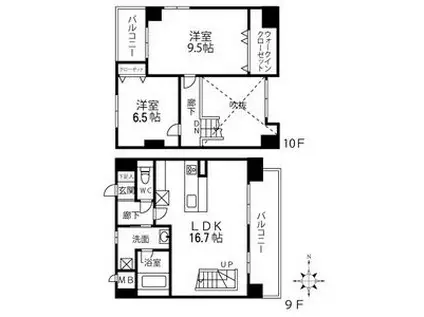 スタジオスクエア泉(2LDK/9階)の間取り写真